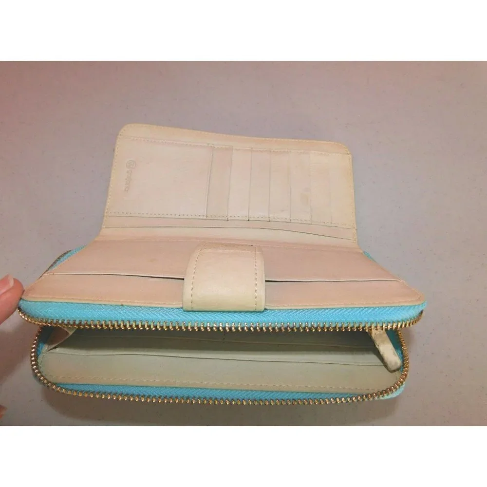 GORJANA BEIGE AND LIGHT BLUE LEATHER ZIP AROUND WALLET WITH CHECK BOOK SECTION